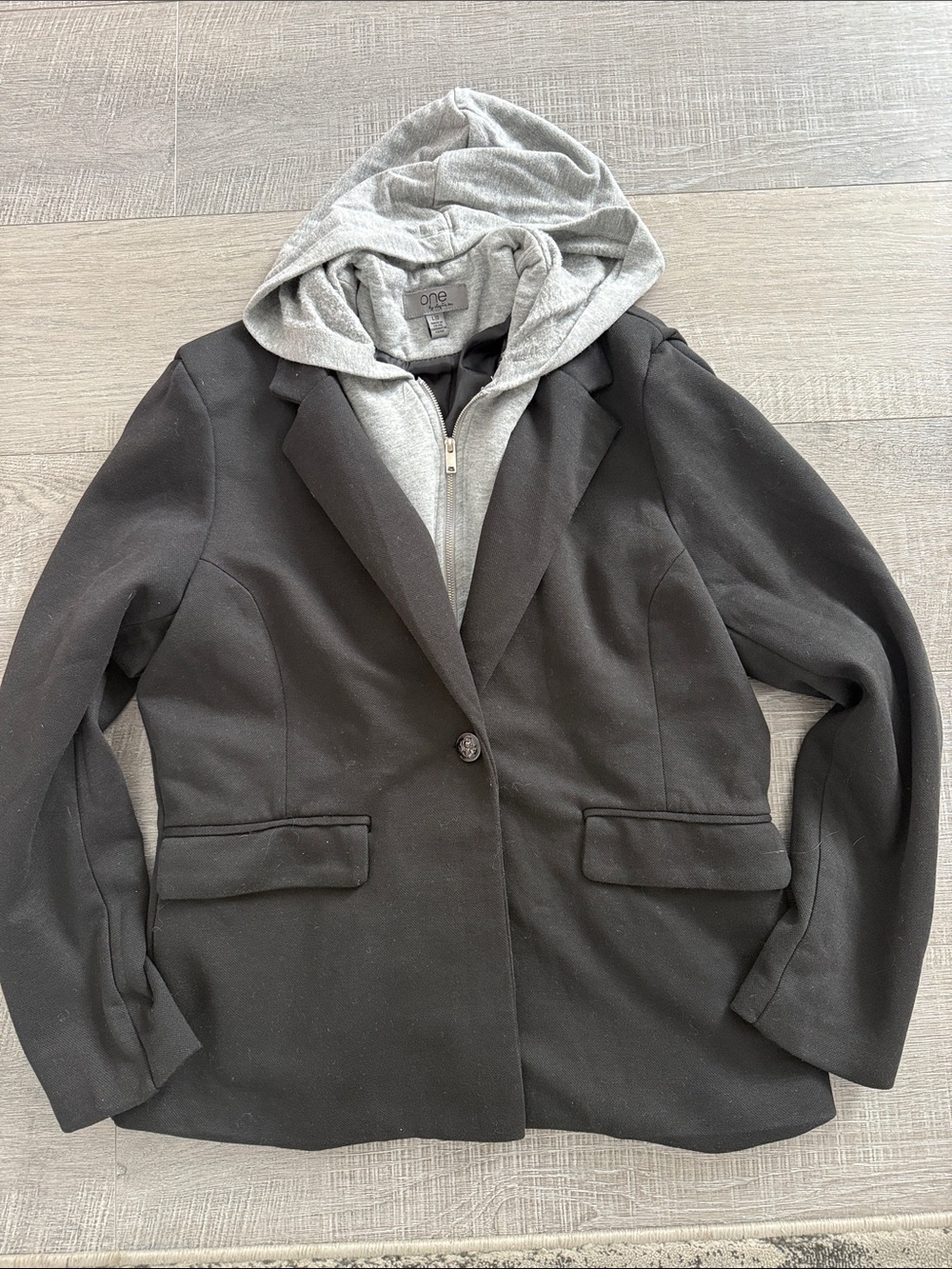 Women's Black Blazer with Attached Gray Hoodie - One Jeans Label